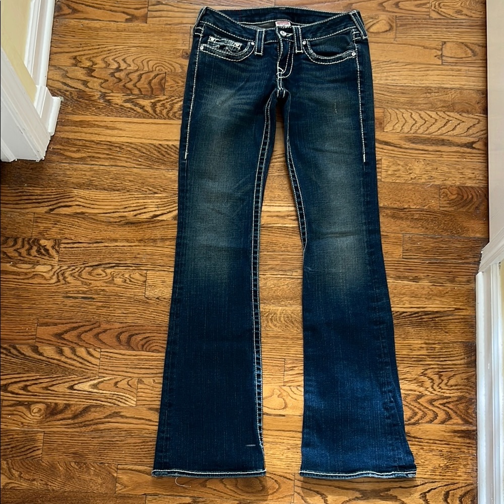 True Religion Blue Flare Wide Leg Jeans with Clear Swarovski Crystals